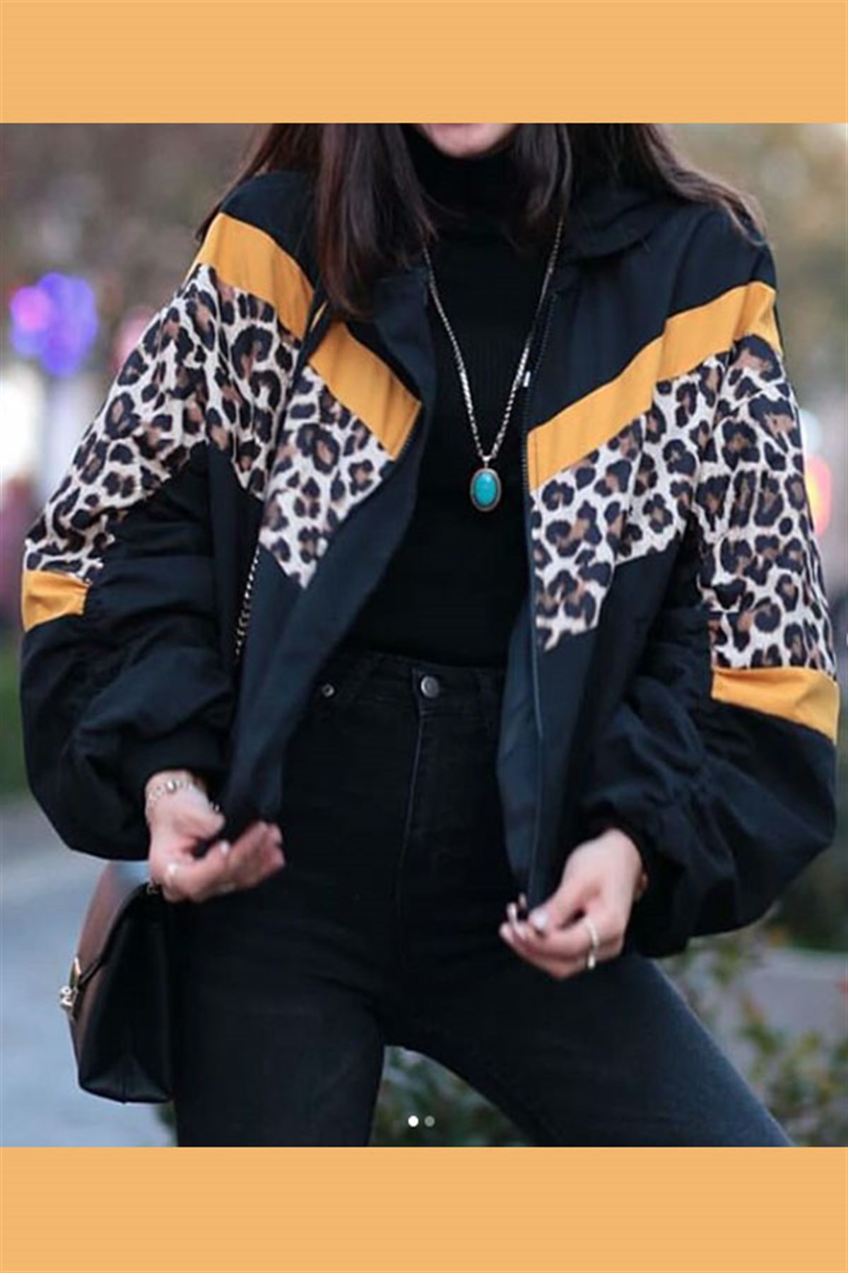 Sarı Şeritli Leopar Garnili Bomber Ceket