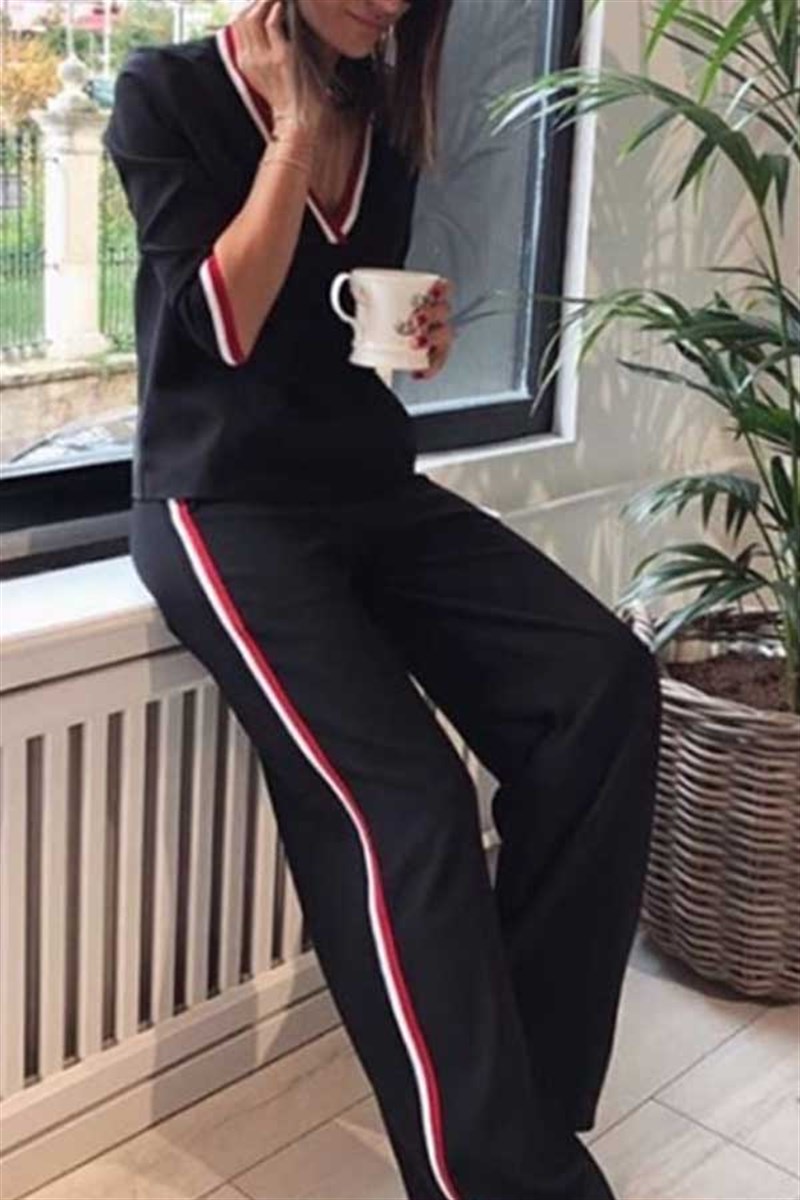 Şerit Detay Atlas Kumaş Pantalon Bluz Takım