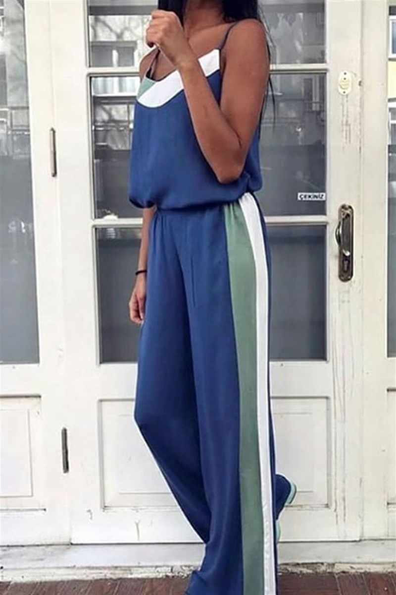 Şerit Detay Mavi Askılı Bluz Pantalon Takım