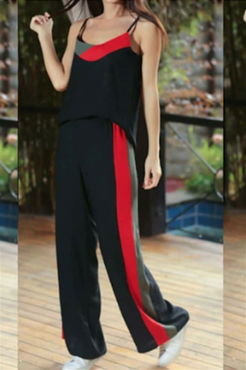 Şerit Detay Siyah Askılı Bluz Pantalon Takım
