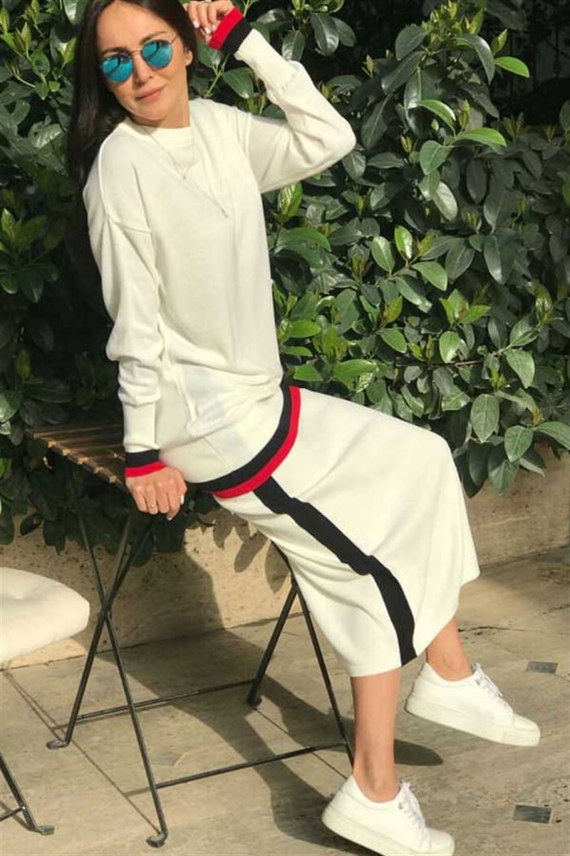 Şerit Detay Triko Etek Kazak Takım