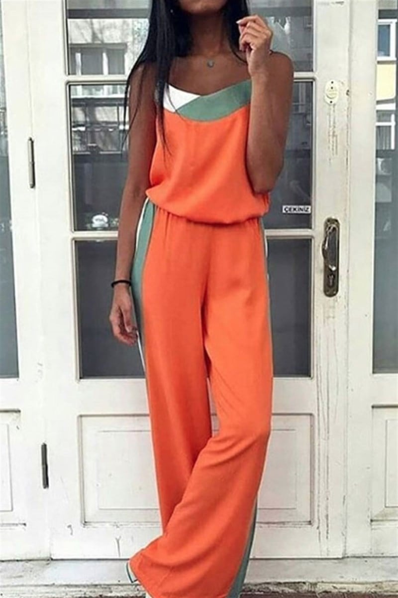 Şerit Detay Turuncu Askılı Bluz Pantalon Takım