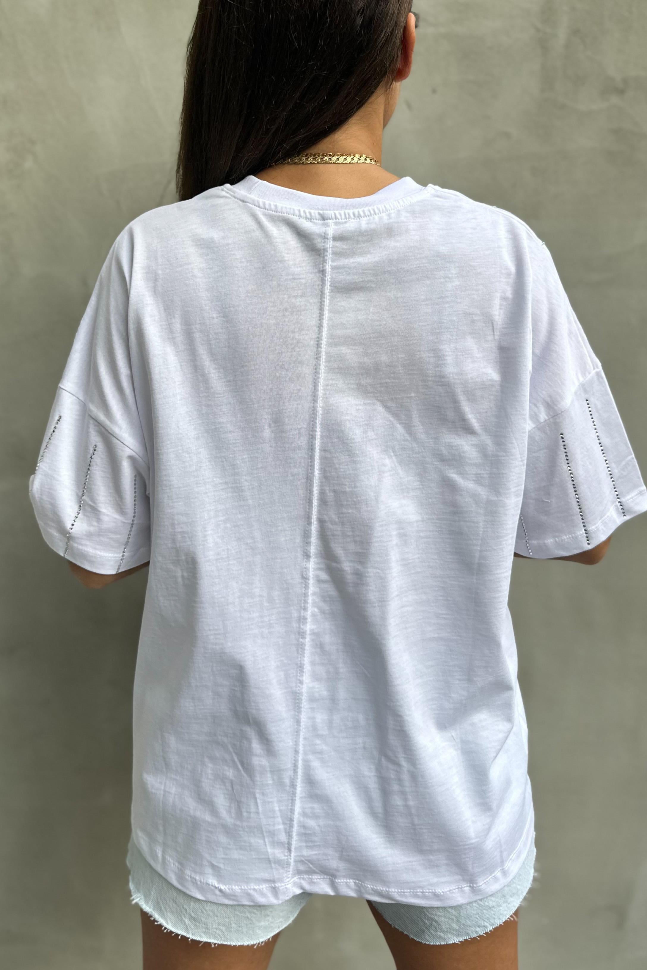 Şerit Taşlı Beyaz TshirtTSHİRT