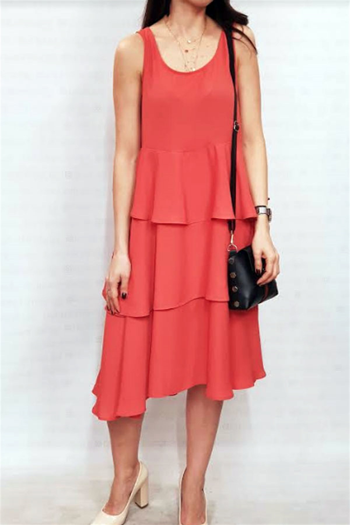 Sıfır Kol Katlı Nar Çiçeği Elbise