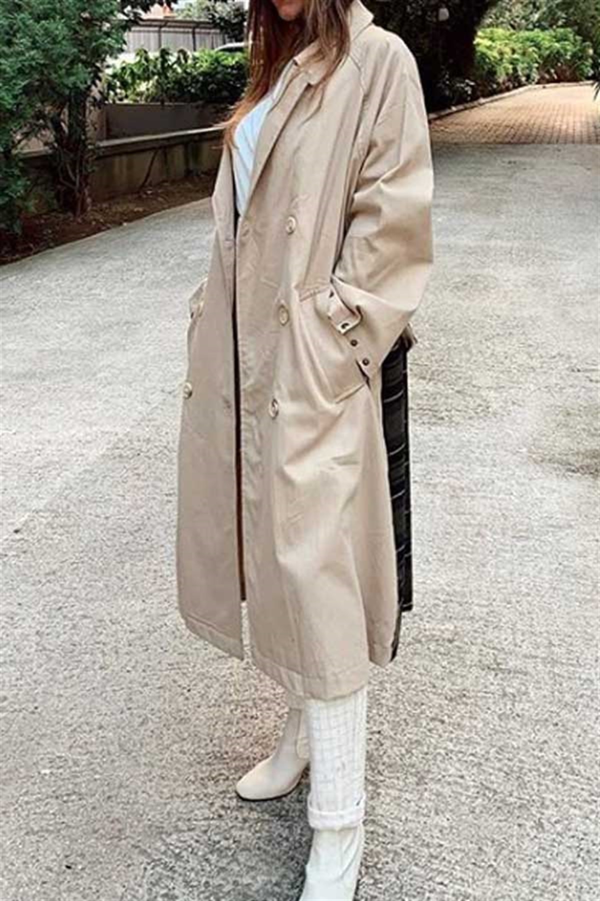 Sırtı Yeşil Ekoseli Oversize Trençkot