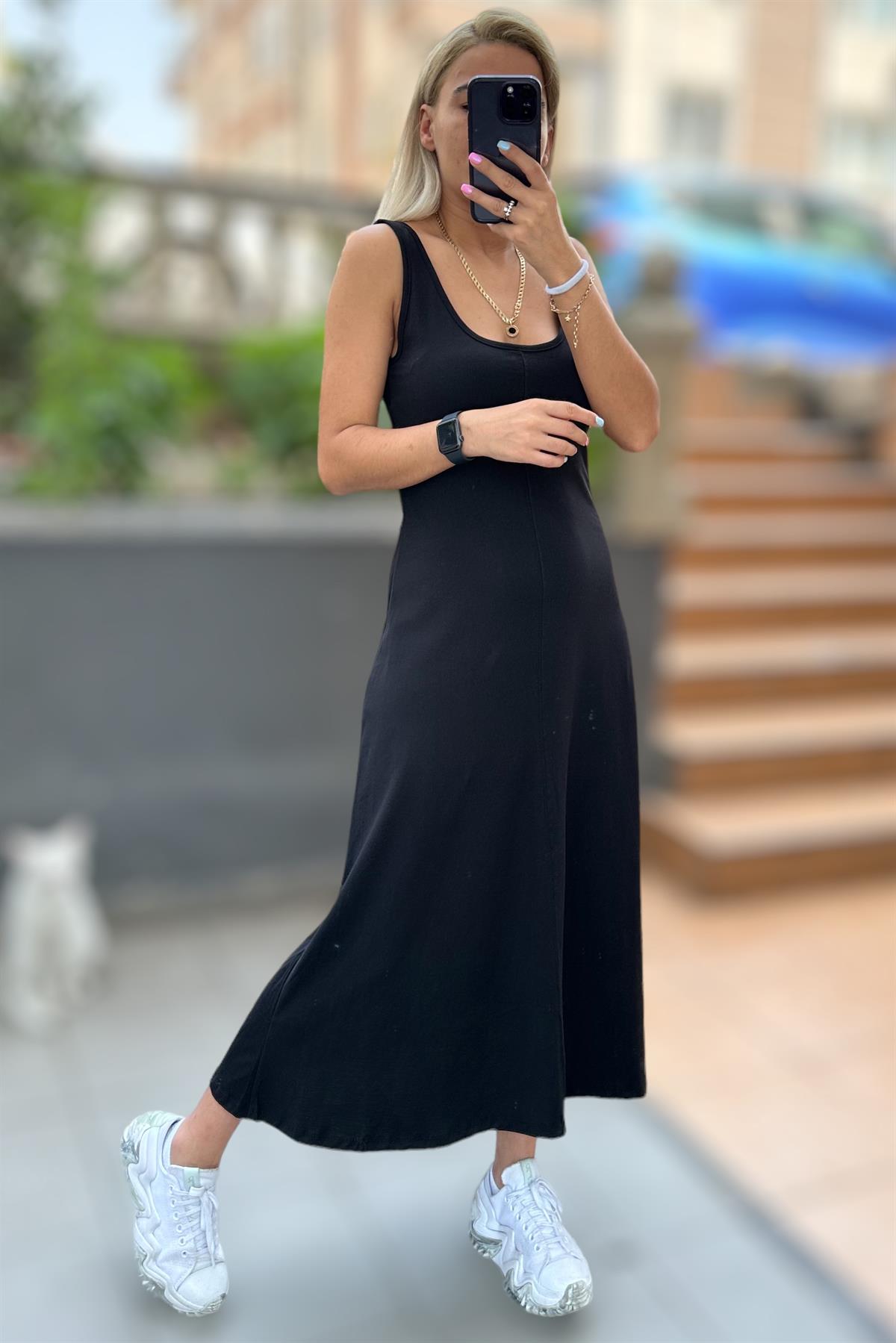 Siyah Basic Çan Kesim Midi ElbiseELBİSE