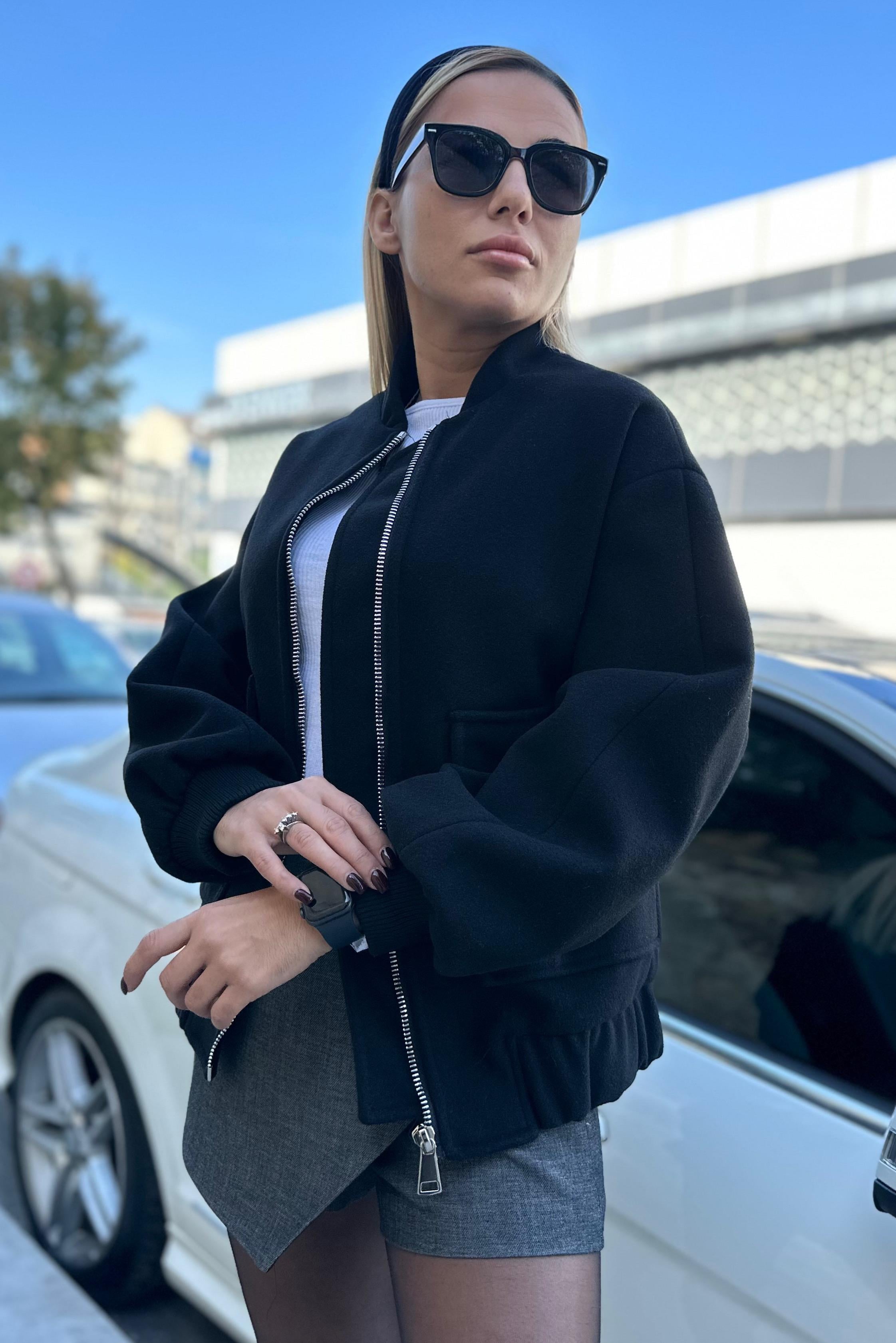 Siyah Kaşe Uzun Bomber CeketMONT/CEKET