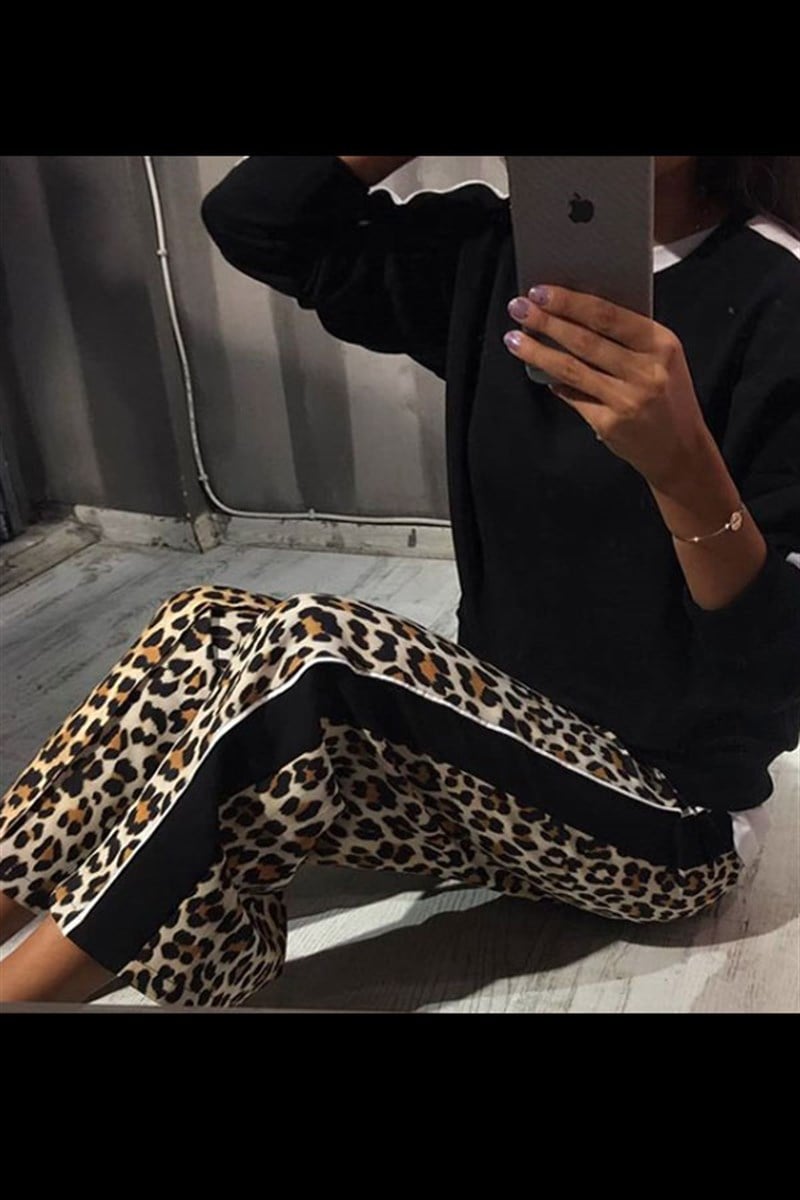 Siyah Şeritli Leopar Desen Pantalon