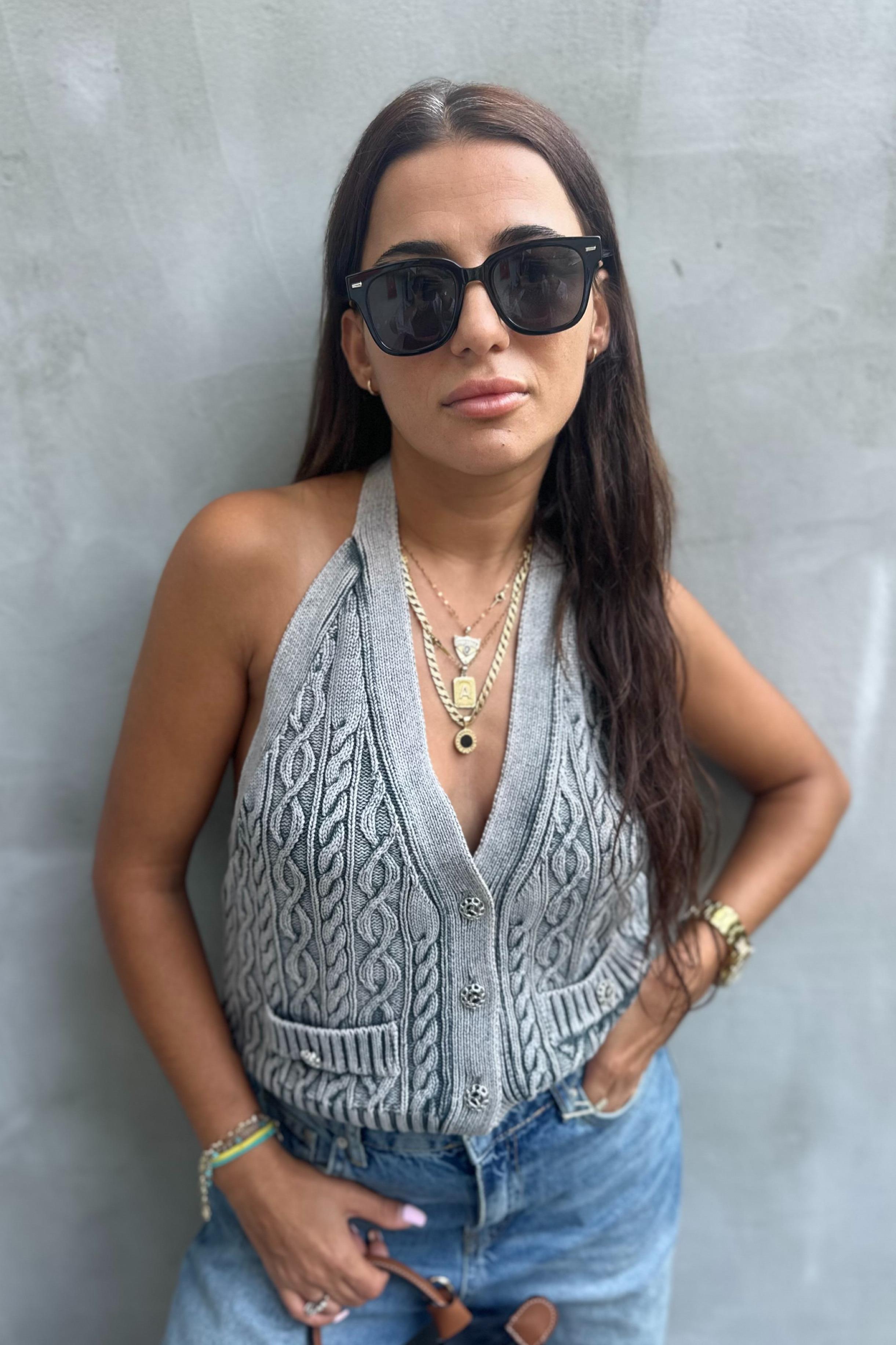 Soluk Efektli V Halter Yaka Düğmeli Yeşil Triko YelekYELEK