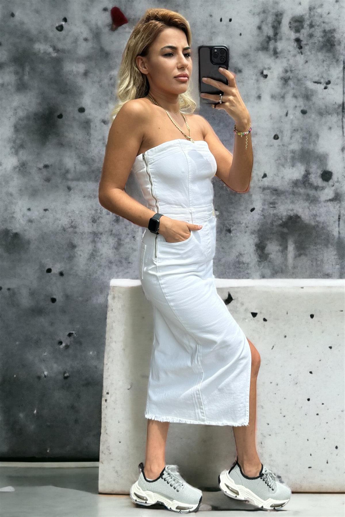 Straplez Denim Beyaz ElbiseELBİSE