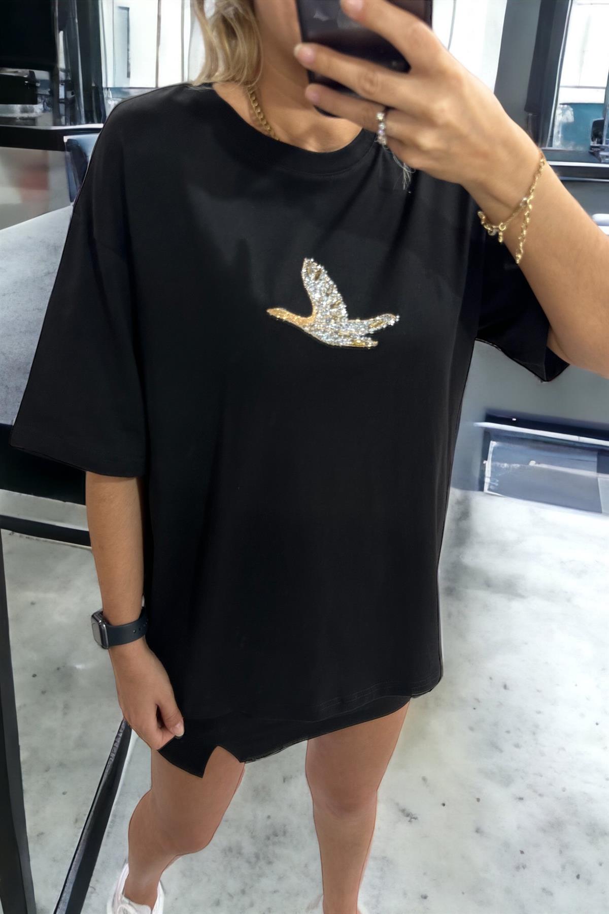 Taşlı Kuşlu Orjinal Marka Siyah TshirtTSHİRT