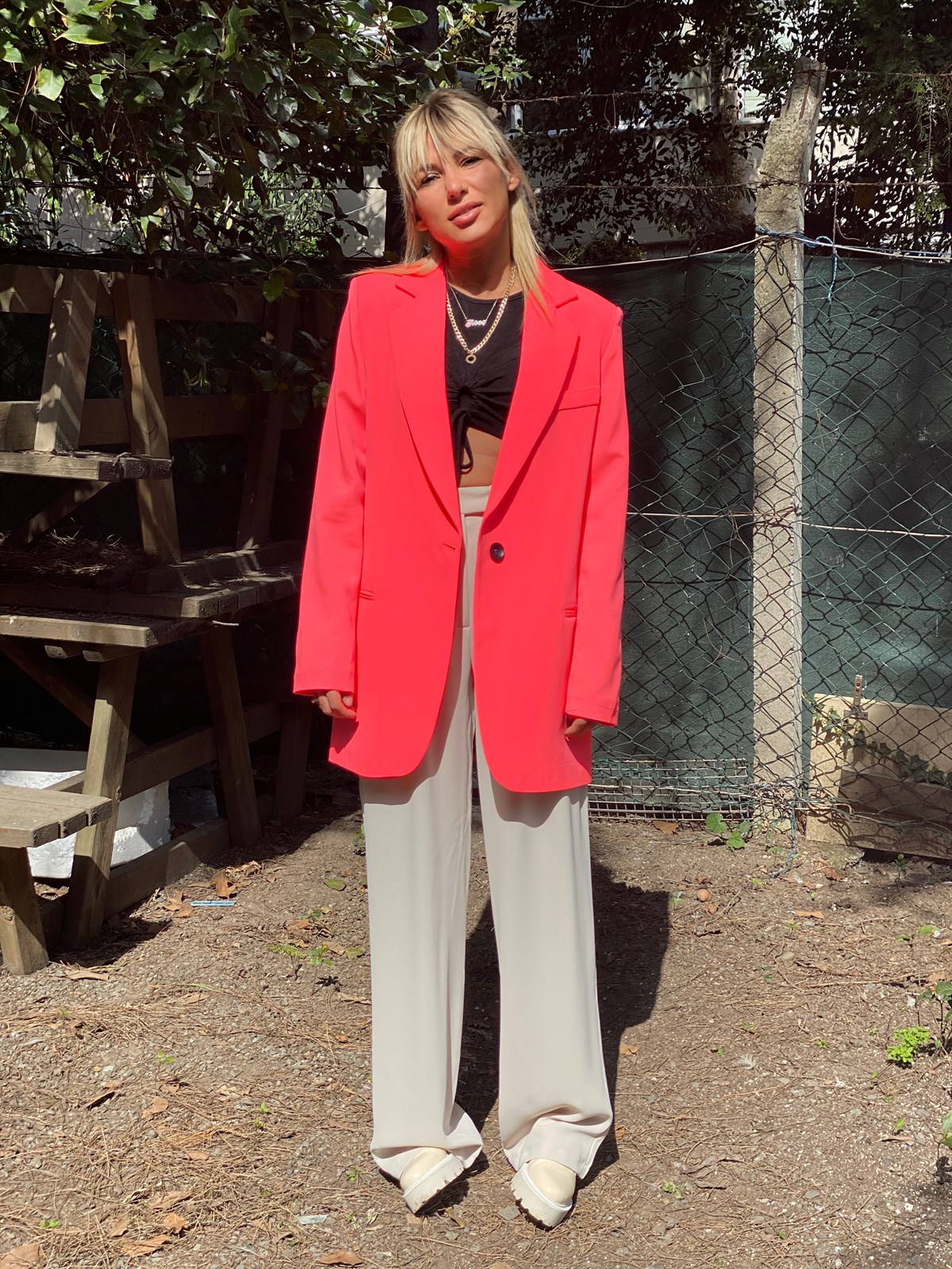 Tek Düğme Neon Pembe Oversize CeketMONT/CEKET