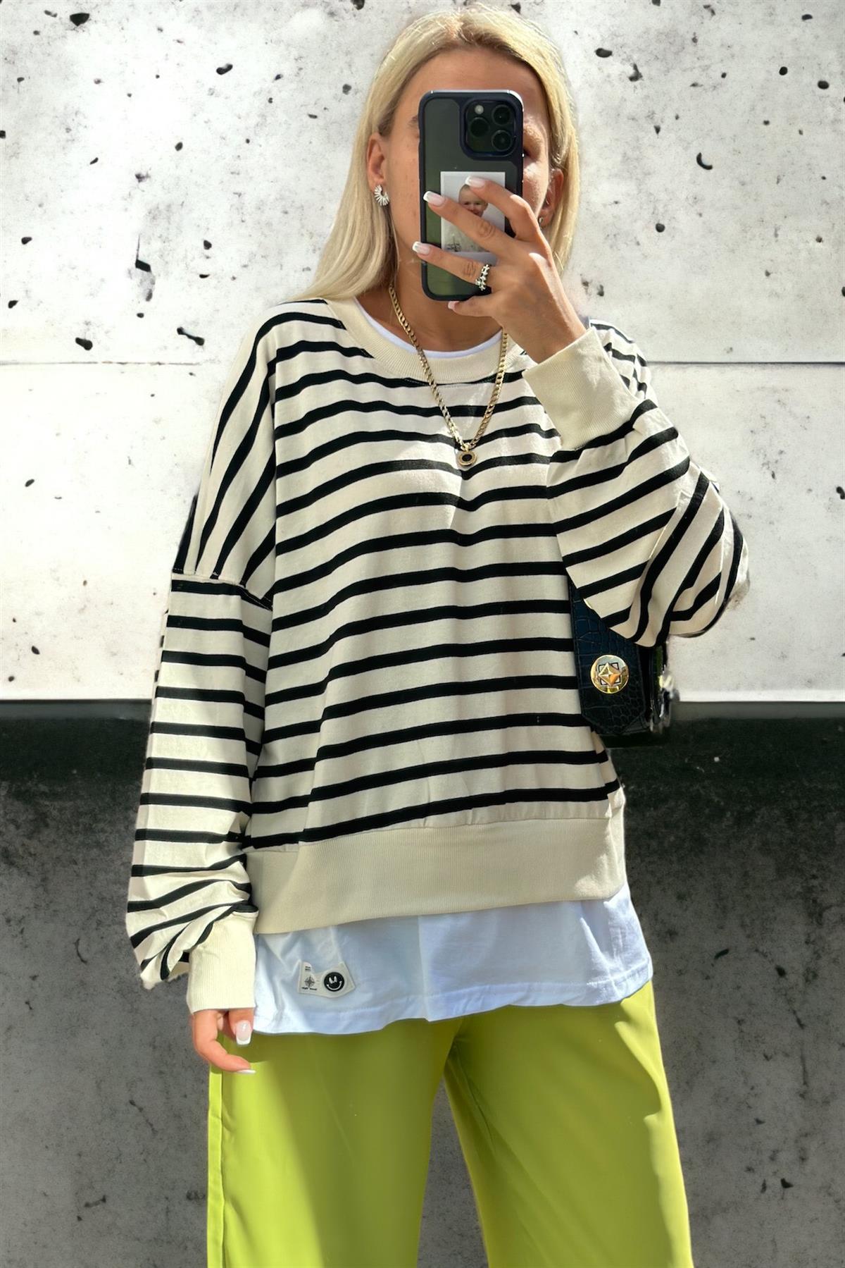 Tshirt Parçalı Çizgili Sweatshirt SWEATSHİRT