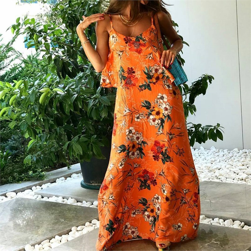 Turuncu Desenli Katlı Elbise