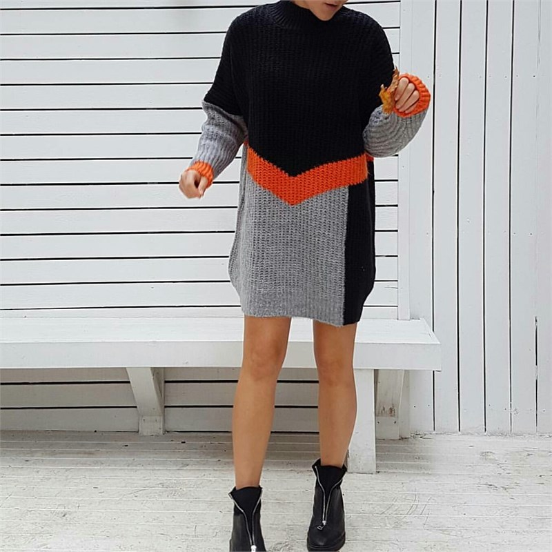 Turuncu Şeritli Oversize Triko
