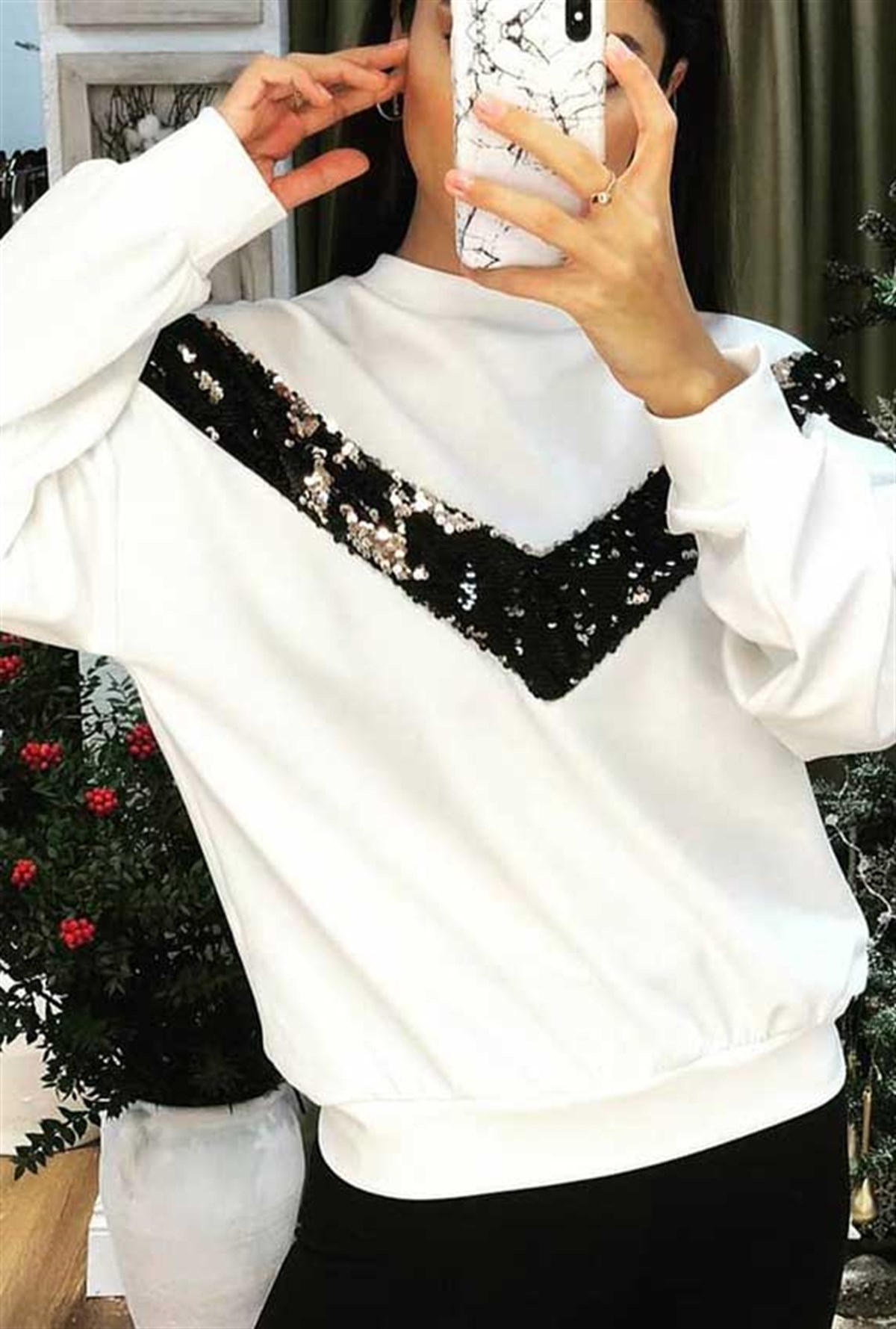 V Payet Şeritli Sweat