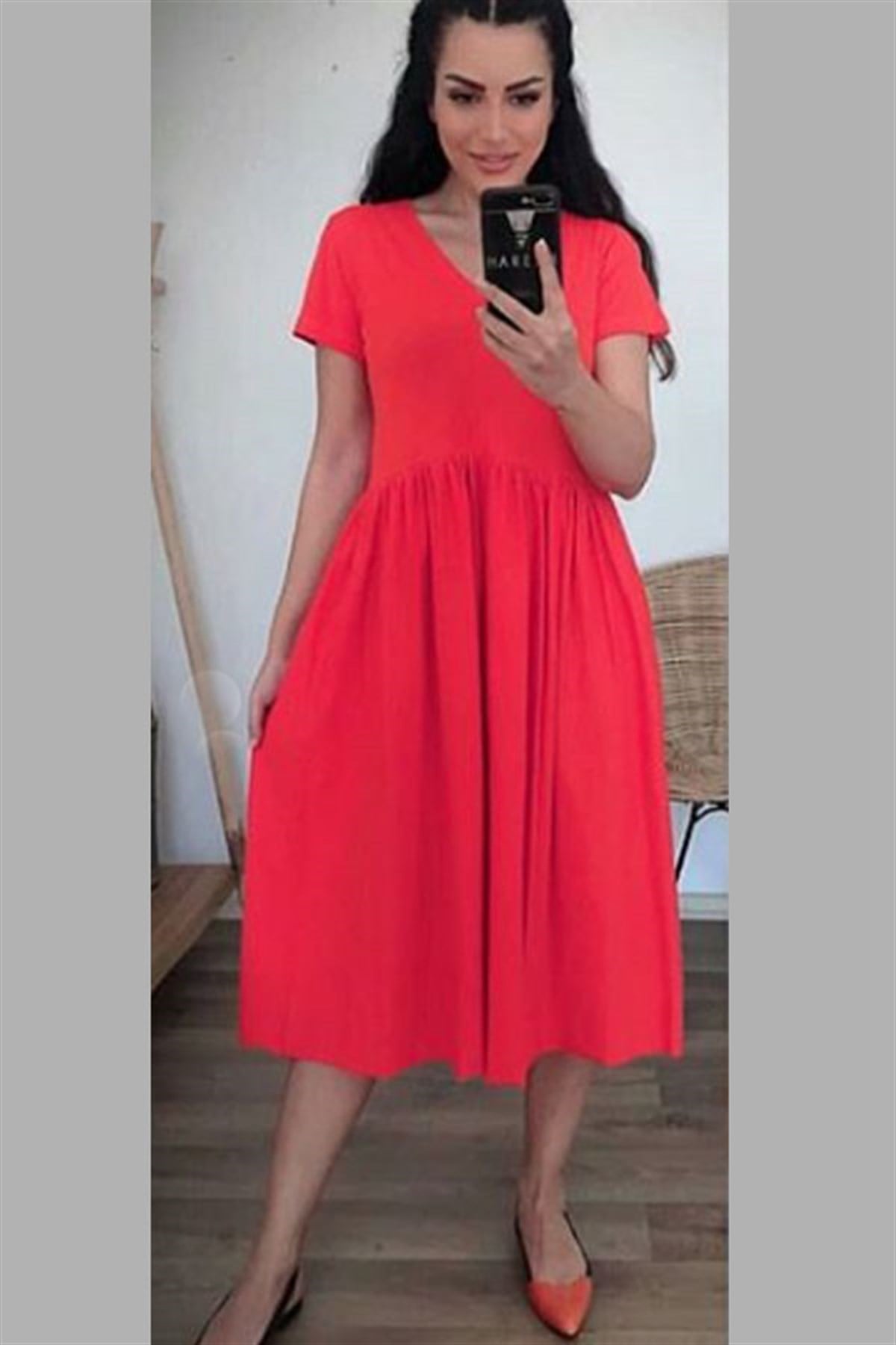 V Yaka Basic Kırmızı Penye Elbise