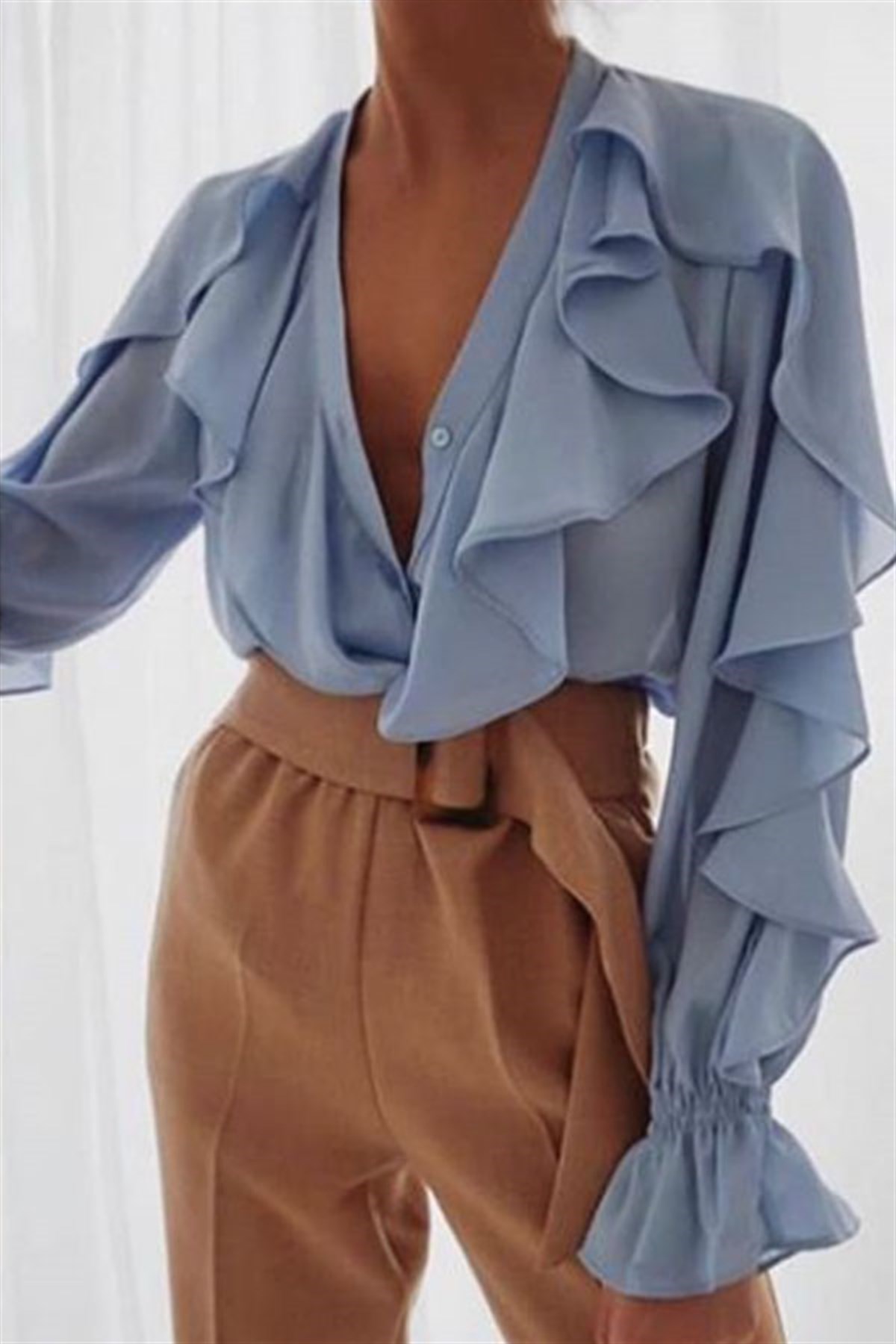 Volanlı Bluz Taba Pantalon Takım