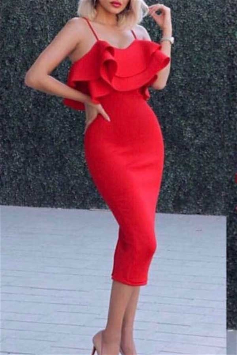 Volanlı Kalem Kırmızı Elbise