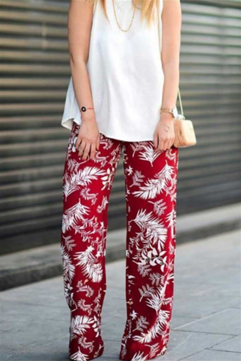 Yaprak Desenli Kırmızı Salaş Pantalon