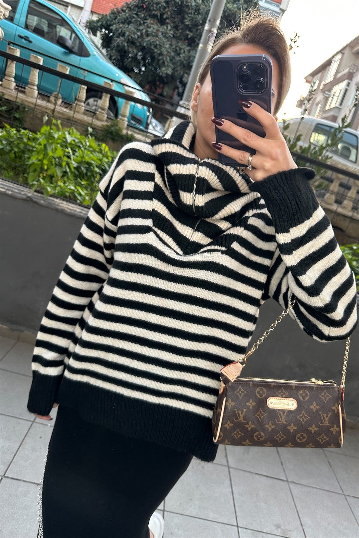 Yarım Fermuarlı Çizgili KazakKAZAK