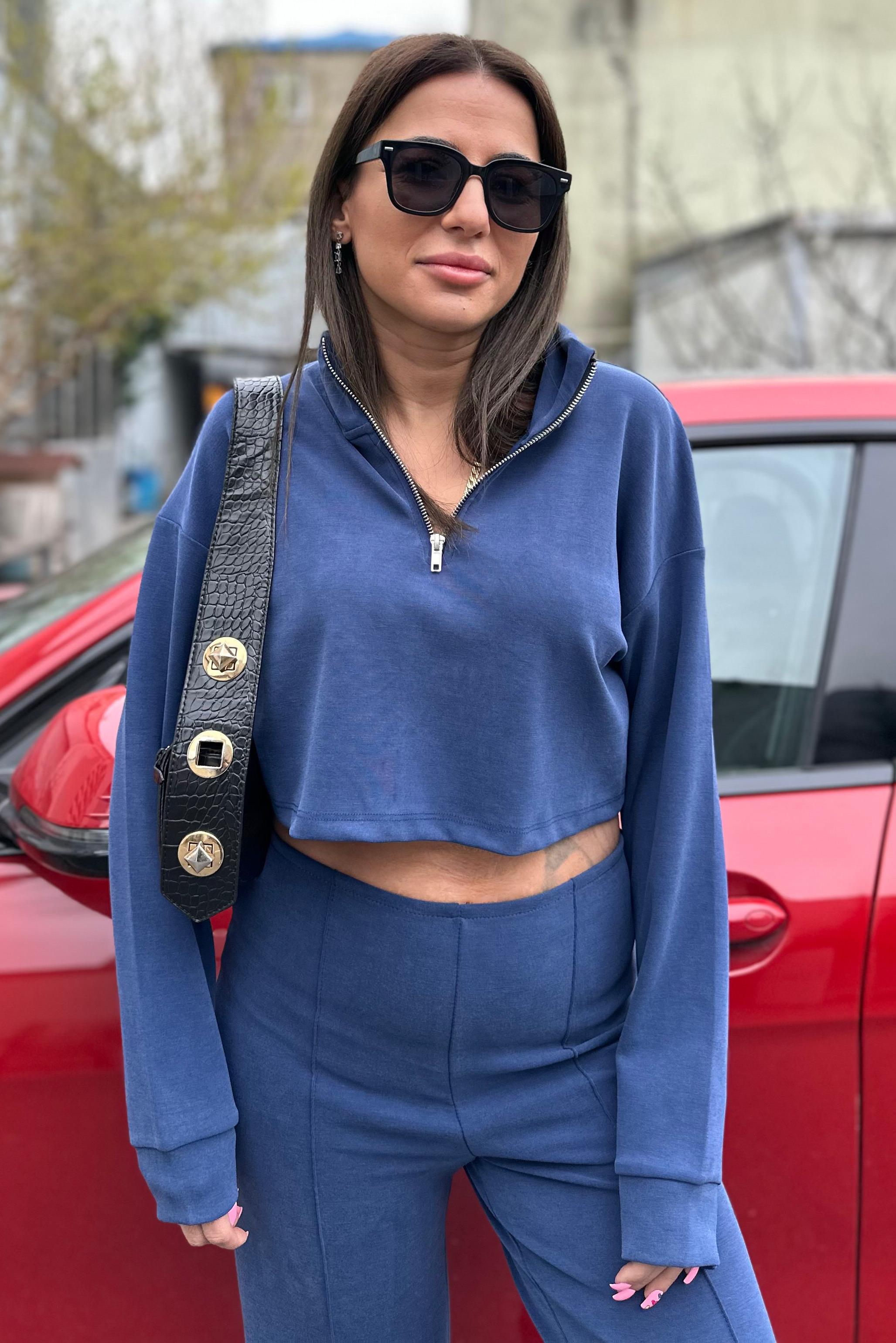 Yarım Fermuarlı Modal Mini İndigo Mavi Swatshirt YENİ GELENLER