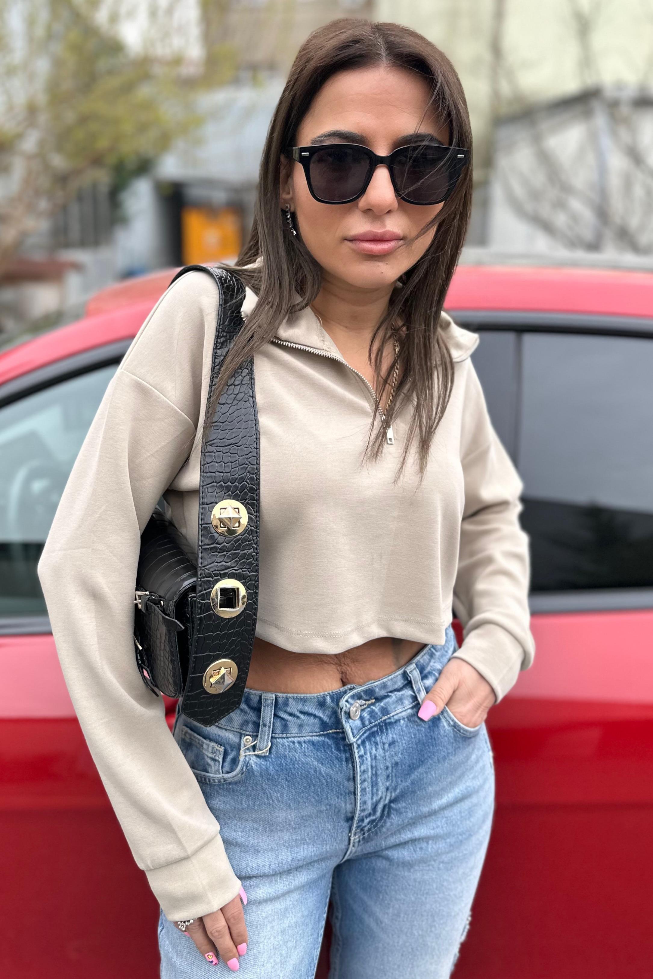 Yarım Fermuarlı Modal Mini Koyu Bej Swatshirt YENİ GELENLER