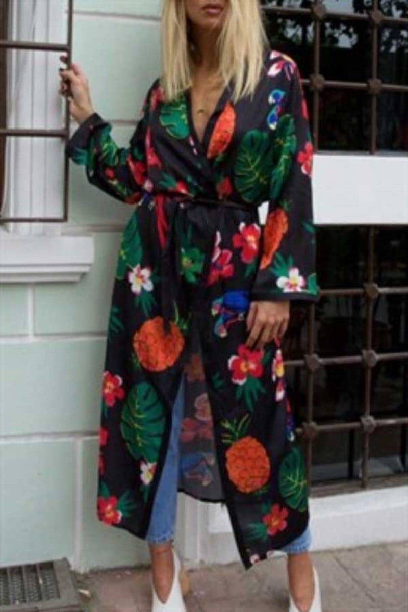 Yeşil Yaprak Desenli Kimono