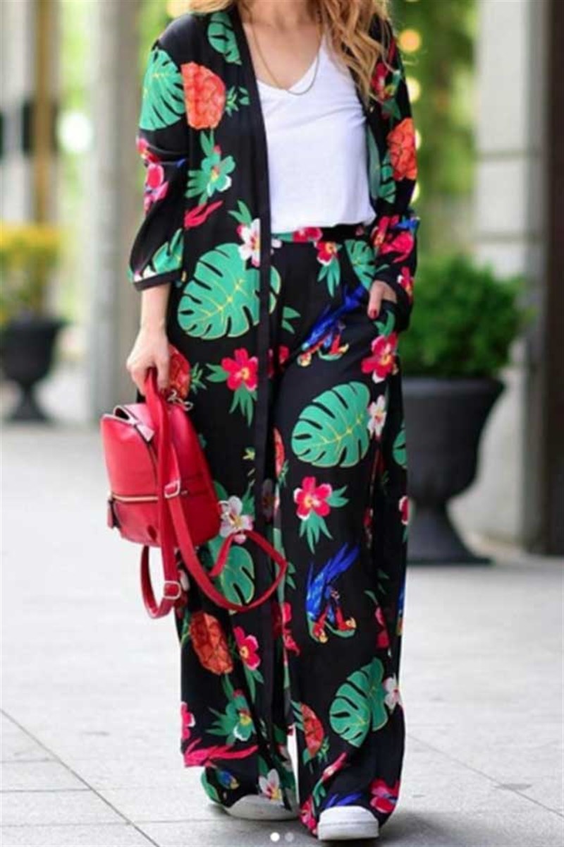 Yeşil Yaprak Desenli Salaş Pantalon