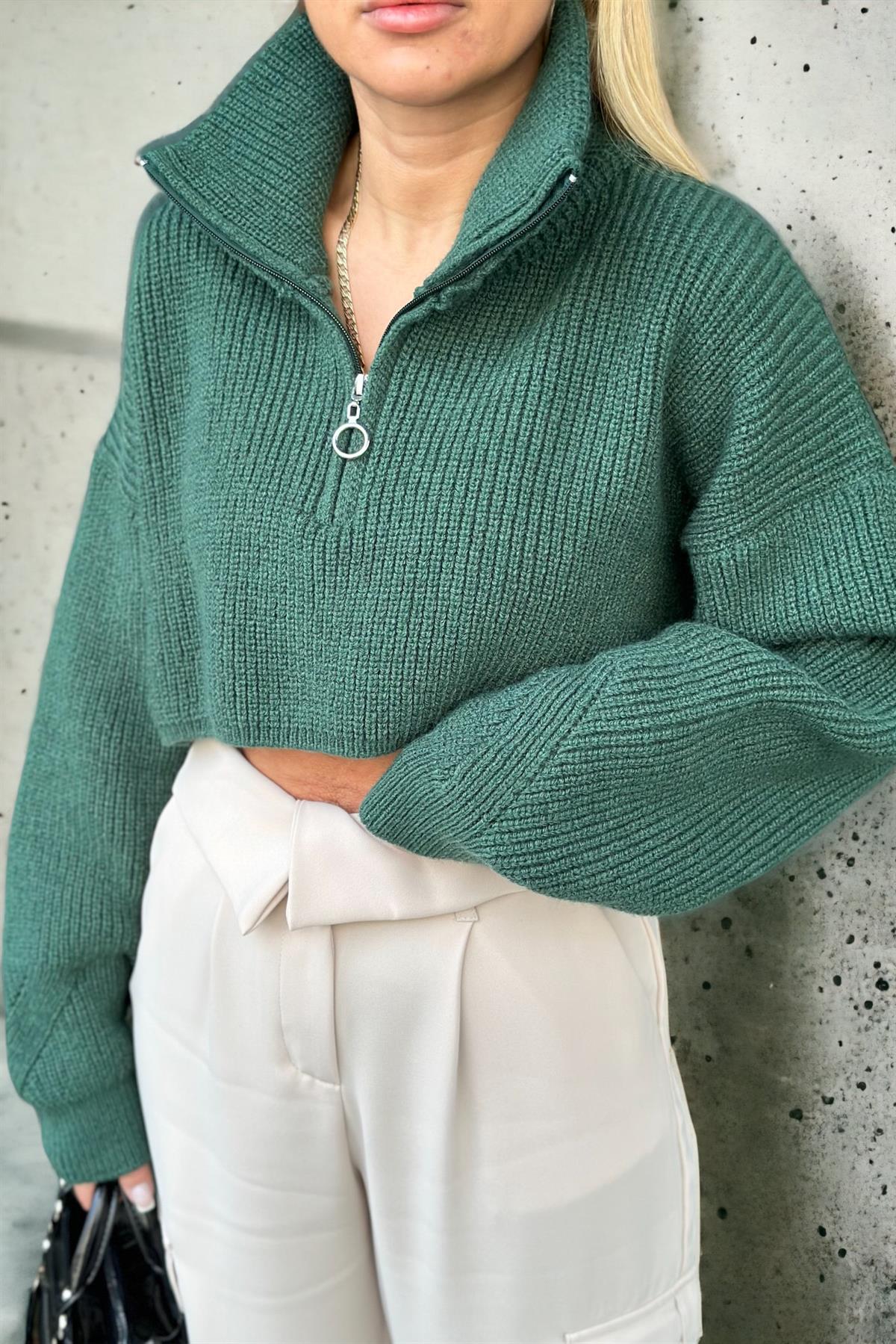 Yeşil Yarım Fermuarlı Crop KazakKAZAK