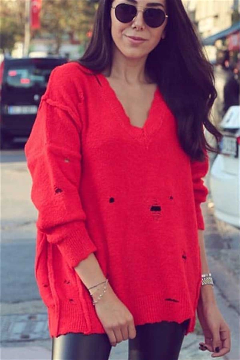 Yırtık Detay V Yaka Triko