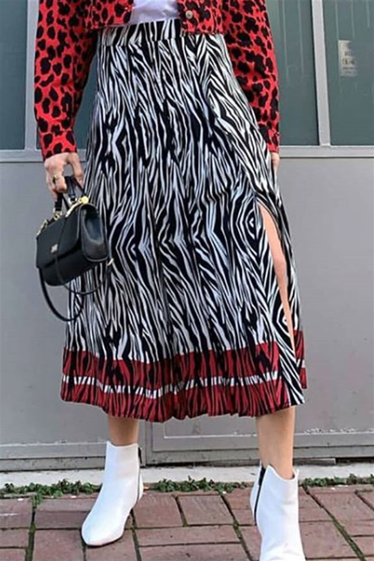 Yırtmaçlı Pliseli Zebra Etek