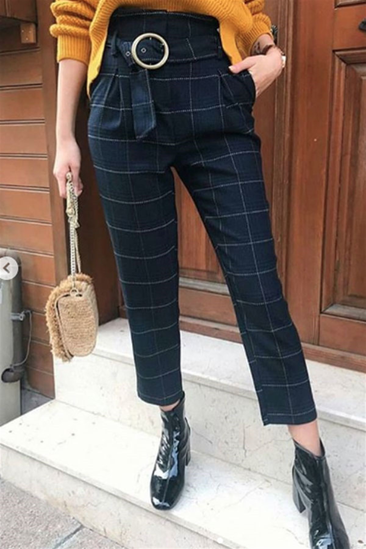 Yüksek Bel Kemerli Lacivert Ekoseli Pantalon