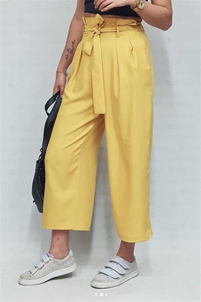 Yüksek Bel Kuşaklı Keten Pantalon