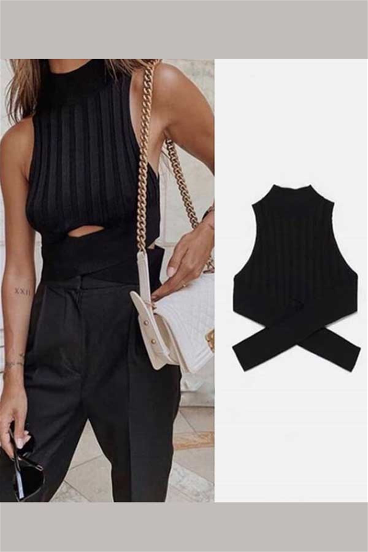 Yüksek Yaka Beli Çapraz Detay Triko Crop Bluz
