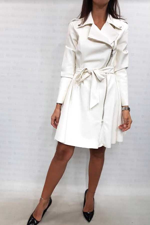 Fermuarlı Beyaz Deri Trenç Elbise