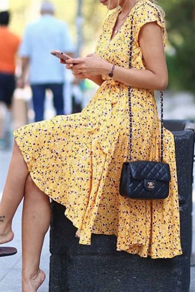 Sarı Çıtır Desen V Yaka Midi Elbise