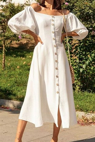 Düğmeli Balon Kol Beyaz Madonna Elbise