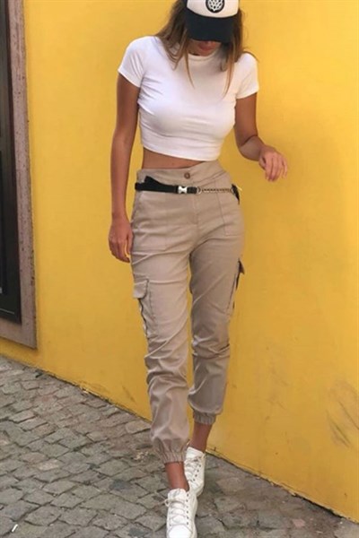 Gabardin Camel Kargo Pantalon