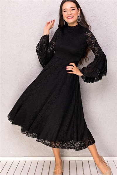 İspanyol Kol Güpür Siyah Midi Elbise