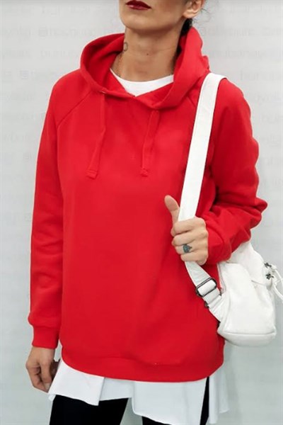 Kapşonlu Basic Kırmızı Sweatshirt