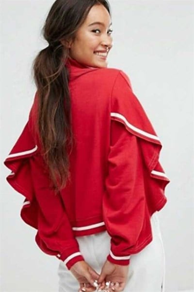 Kolları Volanlı Fermuarlı Sweatshirt
