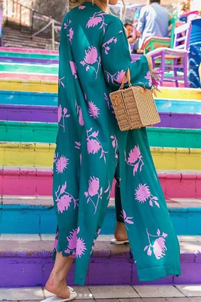 Pembe Çiçekli Yeşil Kimono Pantalon Takım