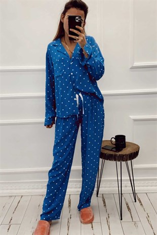 Puantiyeli Mavi Pijama Takım