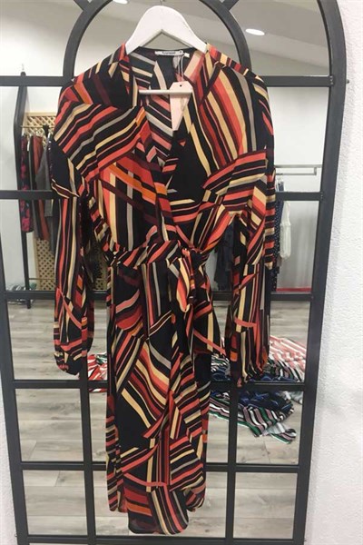 Renkli Çizgi Desen Kruvaze Elbise
