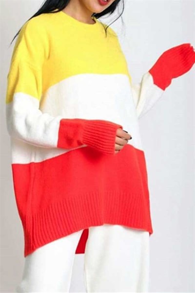 Sarı Beyaz Kırmızı Tunik Kazak