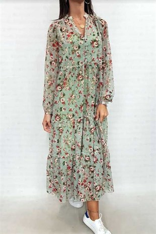 Uzun Kol Kat Dikişli Çiçekli Elbise