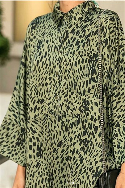 Yeşil Leopar Tunik Gömlek Elbise