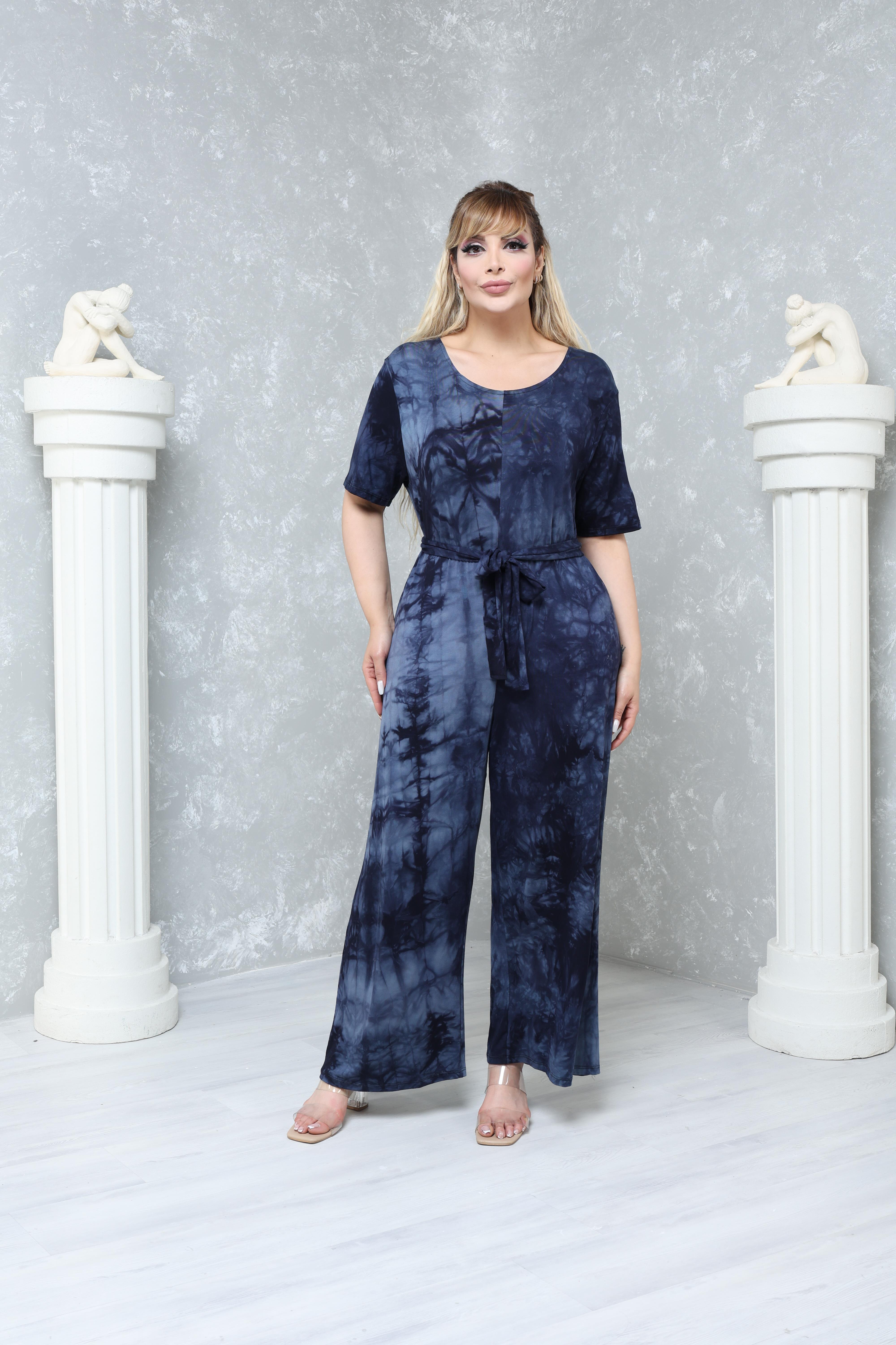 Büyük Beden Rahat Kalıp Desenli Viskon Örme Tulum