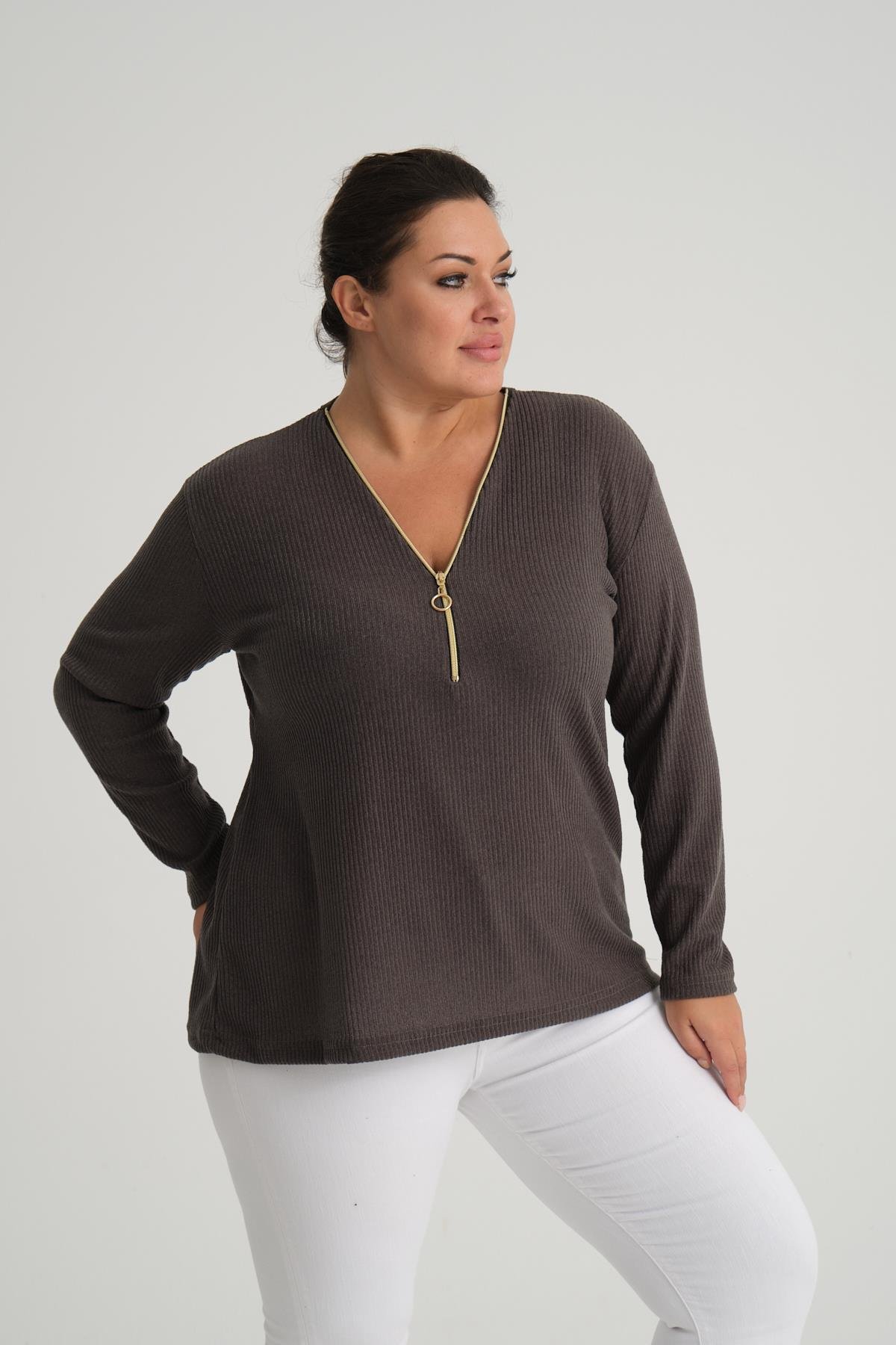 Fitilli Triko Yaka Fermuarlı Büyük Beden Bluz